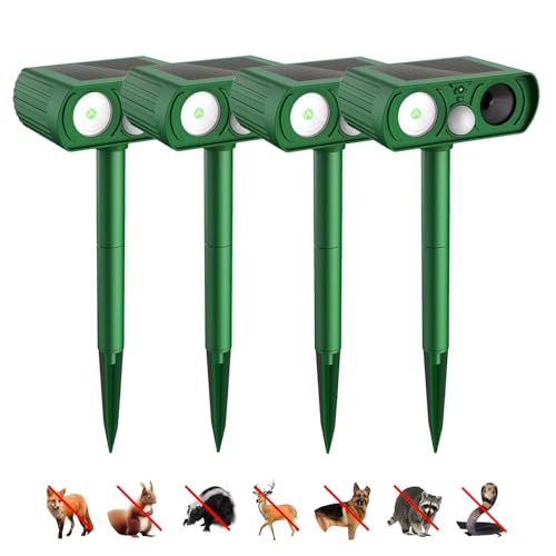 Animal Deterrent Devices Outdoor, Solar Animal Repeller with Motion Sensor Animal Repeller to Repel Cat, Deer, Squirrel, Rabbit, Dog, Skunk (Green - 4 Pack)