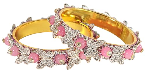 Image of LAVAZZA Stylish Butterfly Design Golden Metal with Zircon Diamond & Pearls Moti Bangles Kada For Women & Girls | Traditional Girl's Bangles Bracelet | Women's Kangan Wedding, Party-Set of 2