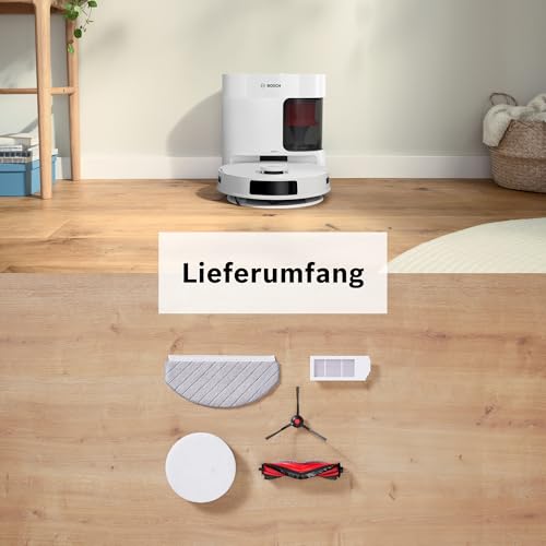 Bosch Spotless + BCRD1W Saugroboter mit Wischfunktion, 11.000 Pa Saugkraft, Wischpad, Trocken-Servicestation, Smart Vision Navigation mit Infrarot-Licht, Steuerung per App, weiß