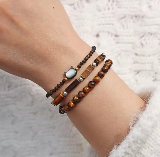 3PCS Round Square Shape Beaded Bracelet Bracelets Set Strand Bangle for Men Women