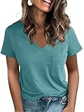 PGANDS Women's V Neck Short Sleeve T Shirts Summer Casual Raglan Tops Side Split Pocket Tees Teal Blue