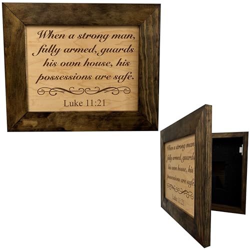 Bellewood Designs Hidden Gun Safe Recessed in Wall with Luke 11:21 Bible Verse Decoration - Recess in The Wall or Mount On The Wall Concealed Gun Storage Cabinet