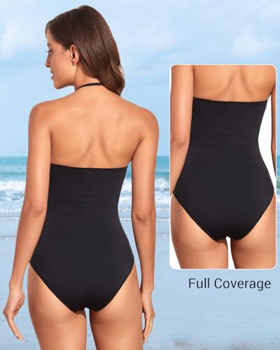 Holipick Women Tummy Control One Piece Swimsuits Strapless Bandeau Bathing Suits Slimming Halter Swimwear3