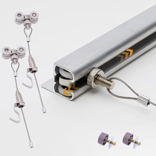 Image of Picture Rail Hanging System Picture Hanging Kit with Silent Pullys, Photo Display Stand with 3 5 6 8 10 FT Long Steel Cords, Hanging Picture Frames for Wall Decor(3.3 inch /1m Cable,42 inch /106cm Track)
