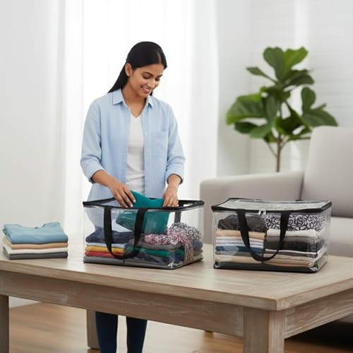 Image of Multi-Purpose Transparent Storage Bag | Wardrobe Organizer for Clothes, Sarees & Blankets (Pack of 2)