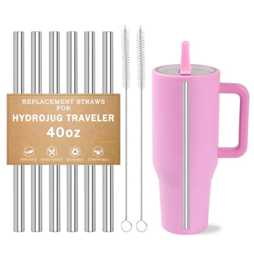 Image of LUCKINEE 6pcs Replacement Straws for HydroJug Traveler Bottle 40oz | 8.27 Inch Long Reusable Straws, Metal Drinking Straws for HydroJug Bottle, with 2Pcs Cleaning Brushes, BPA Free