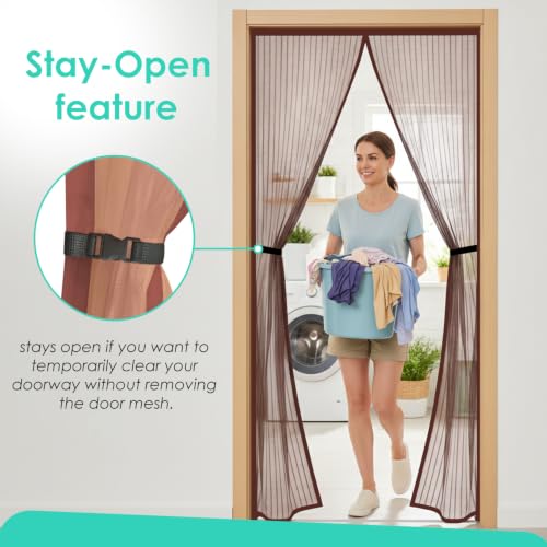 Image of KARP Mosquito Net for Door - Heavy Duty Mesh Screen Door with Stay-Open Buckle, Auto Close Magnets, Hands-Free Entry, Easy Install, Pet & Kid Friendly for Home (120 X 220, Coffee)
