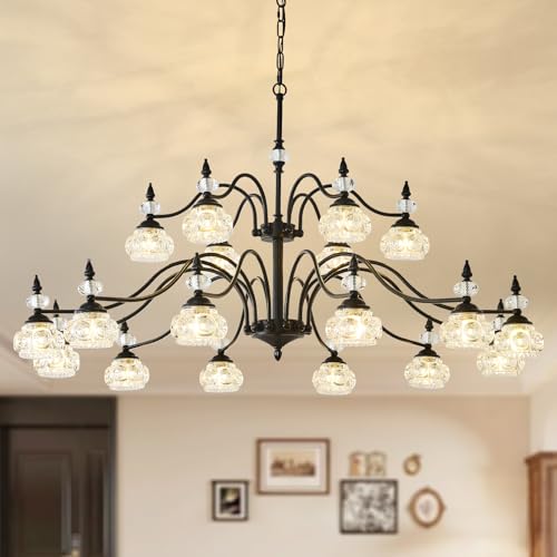 TESTOYS 49 Inch 2 Tier Vintage Black Chandelier for Dining Room, 18-Light Antique Pendant Light Crystal Glass Shade, Modern Farmhouse Chandeliers for Foyer, High Ceiling, Hallway