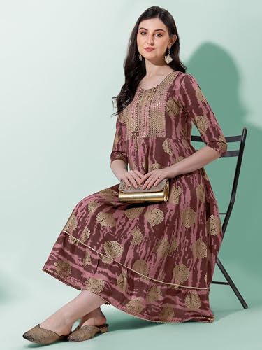 Image of MIRCHI FASHION Women's Cotton Relaxed Fit A Line Sequins Embroidery Work Foil Printed A-Line Kurti Only