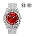Mens Silver Big Rocks Bezel Bloody-Red Dial with Roman Numerals Fully Iced Out Watch - Blood Red/Silver- ST10327