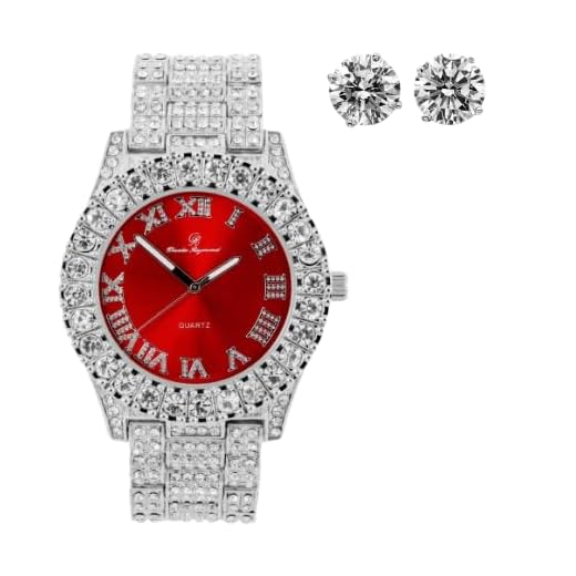 Charles Raymond Mens Silver Big Rocks with Roman Numerals Fully Iced Out Colorful Dial Watch - ST10327 RN Single (Blood Red/Silver)