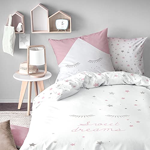 MATT & ROSE Parure de Lit Fille 140x200 cm Sweet Dreams | 100% Coton | Oeko-TEX | Housse de Couette Enfant 140x200 cm + 1 Taie d'oreiller 63x63 cm Imprimées Réversibles | Blanc, Rose