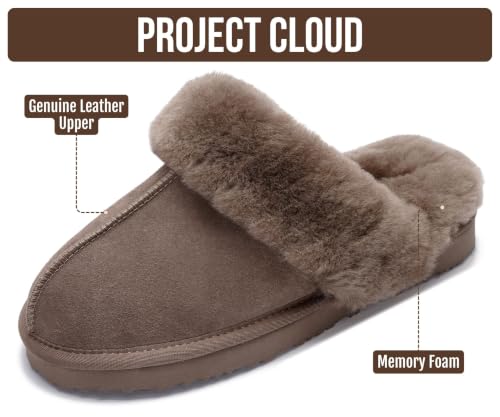 Image of Project Cloud Genuine Leather Slippers for Women with Genuine Fur Lining, Non-Slip Indoor /Outdoor Clog Mule Slippers, Memory Foam Insole