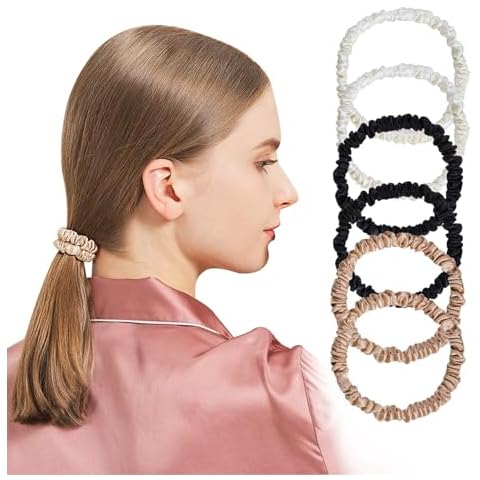 QIYUE 100% Mulberry Silk Scrunchies for Hair,Hair Ties Ropes Ponytail Holder for Women Girls Hair Accessories Decorations，22 Momme Hair Elastics Bands (Black,Light Gold,Ivory) Cover