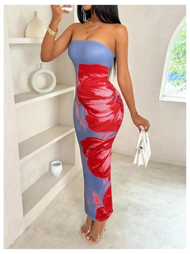 Image of GORGLITTER Women's Tropical Floral Y2K Strapless Bodycon Maxi Dress Summer Hawaiian Wedding Guest Cocktail Sun Dresses Blue Floral X-Small