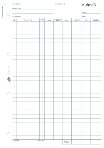 AVERY Zweckform 1318 Aufmaß (A4, mit 2 Blatt Blaupapier, von Rechtsexperten geprüft, für Deutschland und Österreich zur exakten Ermittlung der Bauleistungen, 100 Blatt) weiß