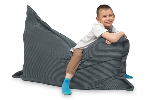 chilly pilley Puf De Pana Cojín De Suelo Puf Relleno De Poliestireno Puf Gigante Material De Cordón Cojín De Asiento Cojín De Jardín para Tumbarse Y Sentarse Cordón 100x70 Gris
