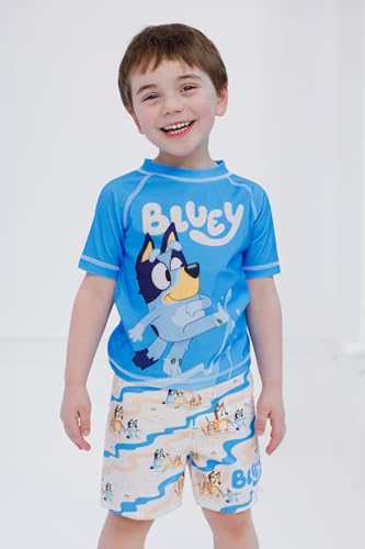 Bluey Toddler Boys UPF 50+ Pullover Rash Guard and Swim Trunks Outfit Set Blue/Beige 4T2
