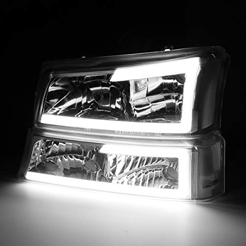 Image of DNA MOTORING HL-LB-CSIL03-CH-CL1 Chrome Housing 3D LED DRL Headlight Bumper Lamp Set Compatible with 03-06 Silverado 1500-3500 / Avalanche 1500 2500