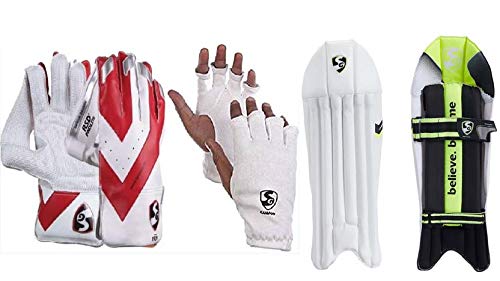 SG Cricket Campus Wicket Keeping Leggurad Pads & SG RSD Prolite Wicket Keeping Gloves Combo with Gift Inners Gloves Cricket Kit