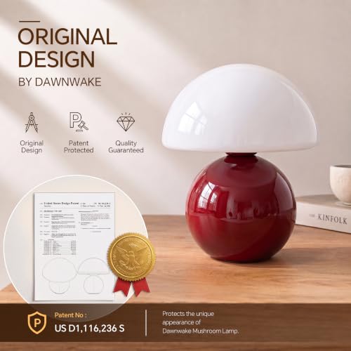 Image of Dawnwake Mushroom Lamp Table Lamp for Bedroom-Small Table Lamps,Wine Red | 8.7 inch Mid Century Modern Table Lamps for Living Room Bedroom Decor,Cute Ceramic Lamps for Mushroom Home Room Decor,Glass Shade