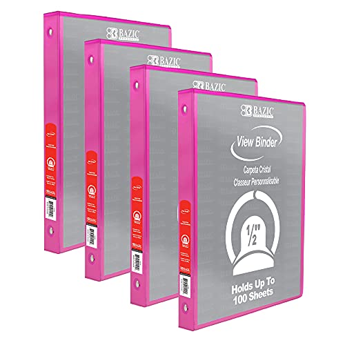 Image of BAZIC Products 1 /2 inch Fuchsia 3-Ring View Binder, Round Ring, 4-Pack | round rings, 1 /2 in Fuchsia view 3-ring binder, 2 inside pockets, holds up to 100 sheets, Durable poly cover, 2 Pockets