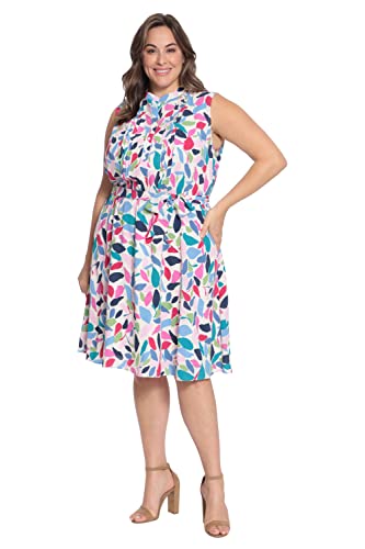 Image of Maggy London Women's Women's Leaf Printed Sleeveless Shirt Dress with Pleated Bodice and Waist Tie