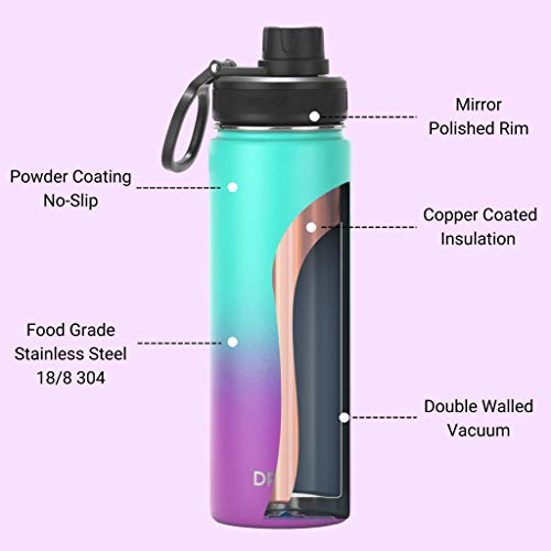 Image of Drinco Stainless Steel Water Bottle Spout Lid Vacuum Insulated Double Wall Water Bottle Wide Mouth Leak Proof Keep Cold Sport Camping Hiking (22oz Ombre Fuchsia Teal)