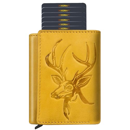 Image of Men's Genuine Leather RFID Wallet | Premium Slim Red Wallet for Men with Deer 3D Print | 8 Card Slots Secure and Durable | Casual Stylish | Formal & Gifting Use, Golden (Yellow)