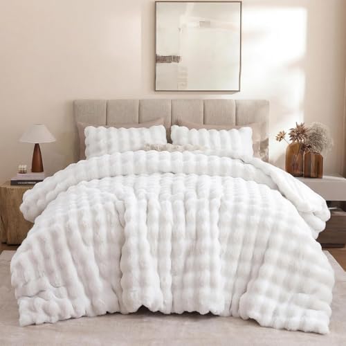 YIKUSH Fluffy Comforter Set Queen Size - Soft & Fuzzy Faux Fur Comforter Ultra Plush White Comforter with Flannel Back Warm Yet Lightweight Cozy Bedding Set