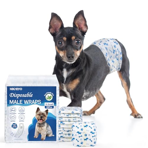 Image of MICOOYO Dog Diapers Male Disposable Super Absorbent Male Dog Wraps Lighter Dogs Diaper Leakproof Puppy Diapers Doggie Diaper with Wetness Indicator (XS, 50Counts)