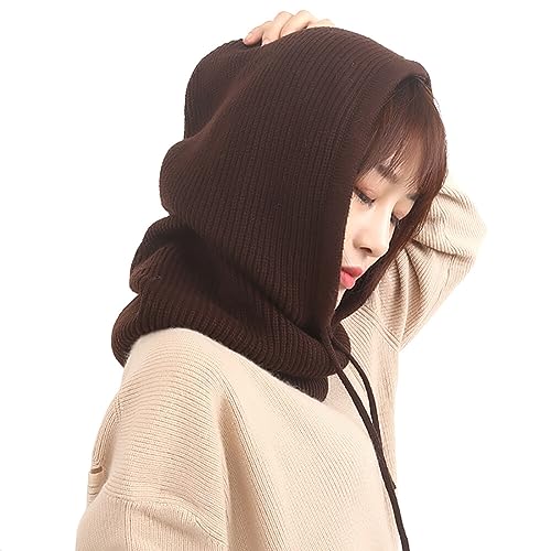 Hooded Scarf Hat with Drawstring, Soft Warm Winter Hats for Women, Knitted Hoodie Scarf Neck Warmer Coffee