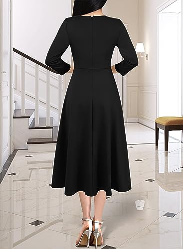 VFSHOW Womens Vintage Retro Square Neck Work Business Office Fit and Flare Mid-Calf A-Line Dress2