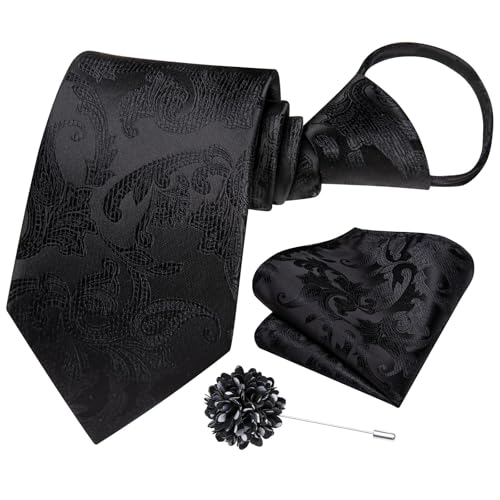 Image of Hi-Tie Zipper Ties for Men Pre-tied Tie Set Lapel Pin Pocket Square and Cufflinks Formal Business Wedding Adjustable Necktie