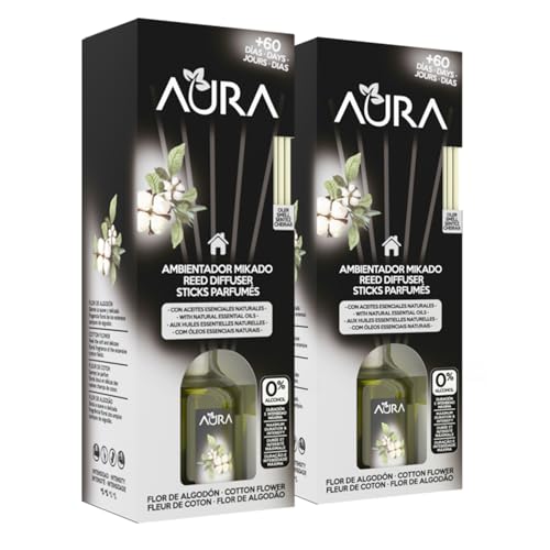 AURA | Pack 2 Ambientador Mikado con Varillas | Larga Duración 8 Semanas | 0% Alcohol | 2x50ml (2X50ml, Flor de Algodón)