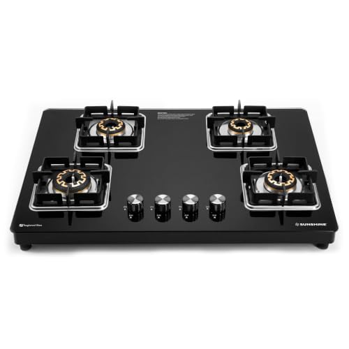 Image of Sunshine Shine 4 Burner Gas Stove | 4 Burner Glass Hob Top Cooktop | Warranty By Sunshine - 10 Year On Glass & Burner, Auto Ignition, LPG Ready & PNG Compatible (Premium - Black)
