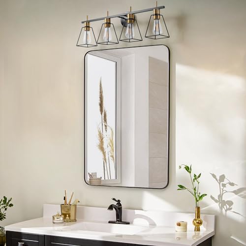 Image of Industrial Bathroom Vanity Lights: 4 Light Black and Gold Vintage Metal Cage Wall Sconce - Rustic Farmhouse Wall Light Fixture Over Mirror Cabinet for Bedroom Living Room