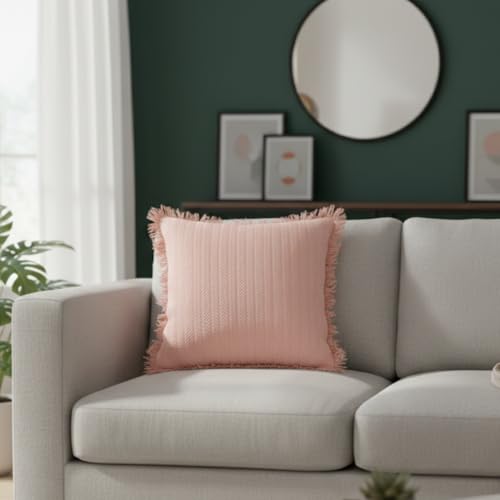 Image of Cotton Cushion Covers 16x16 Inch | Handwoven Pink Decorative Square Cushion Case with Fringe | Sofa, Living Room, Bedroom, Diwan Home Decor Throw Cushion Cover