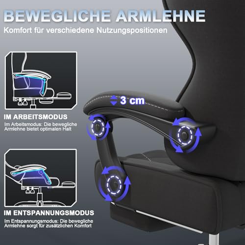 Devoko Gaming Stuhl Stoff ergonomisch mit Massagefunktion und Fußstütze, Taschenfederkernpolster, 135° verstellbar, atmungsaktiv für Home Office oder Gaming Zimmer schwarz – Bild 6