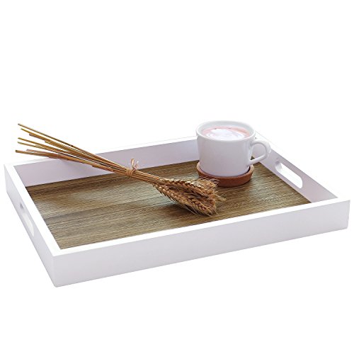 Decorative Natural Wood Breakfast Serving Tray with Cutout Handles, Brown/White - 16 X 11 Inch
