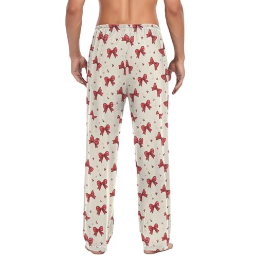 Men’s Red Bows Pajama Pants with Pockets, Comfortable Lounge Sleep Bottoms#6312