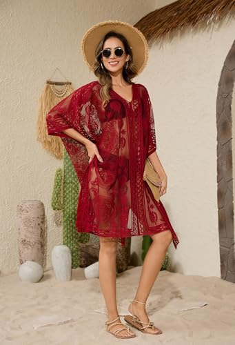 Image of Sexy Elegant Lace Beach Cover Up for Women, Bathing Suit Cover Up, V-Neck Swimsuit Coverup for Poolside, Seaside and Party
