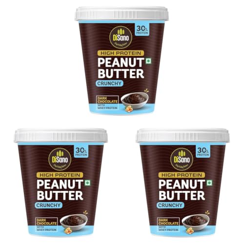 Image of DiSano High Protein Dark Chocolate Peanut Butter with Whey Protein, Crunchy 510g | 30g Protein. Gluten Free, Zero Cholesterol & Trans Fat | Post & Pre Workout snack (Pack of 3)