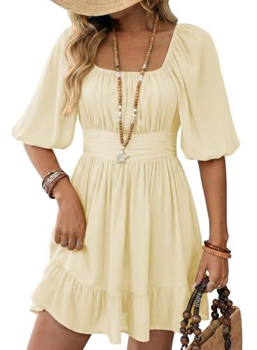 Dokotoo Tie Backless Square Neck Sexy Dresses for Women 2026 Puff Sleeve Beige Dress Ruffled Elastic Waist Off The Shoulder Dress Aline Casual Dresses for Wedding Guest Medium