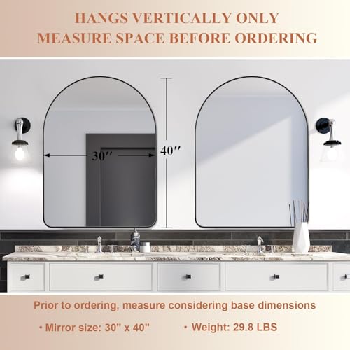 Image of ANDY STAR 30x40 Inch Arched Wall Mirror, Stainless Steel Frame Metal Frame with Black Finish, Large Arch Mirror Perfect for Bathroom, Vanity, Living Room
