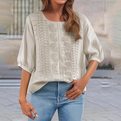 Embroidered Boho Tops for Women Trendy 3/4 Length Sleeve Cotton Linen Shirts Plus Size Fall Fashion Dressy Casual Blouses2