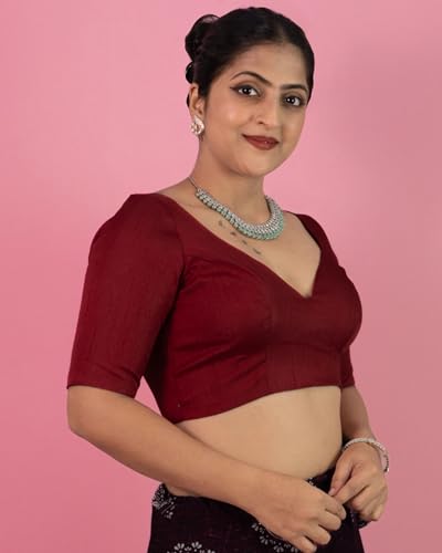 Image of FIGURE'S DESIGNER Women's Dupion Raw Silk Half Elbow Sleeves Sweetheart V Neck Sabyasachi Cut Readymade Saree Blouse S10