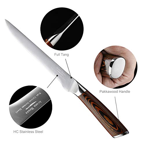 Aroma House Boning Knife 6 Inch, Filleting Knife, High-Carbon Stainless Steel with wooden Handle, Full Tang Design, Professional Trimming Knife for Meat and Poultry.
