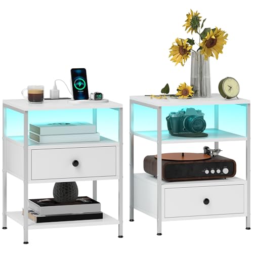 HOMCOM Set of 2 End Tables with Charging Stations and LED Lights, 3-Tier Side Tables with USB Ports and Outlets, Drawer and Shelves for Living Room, White