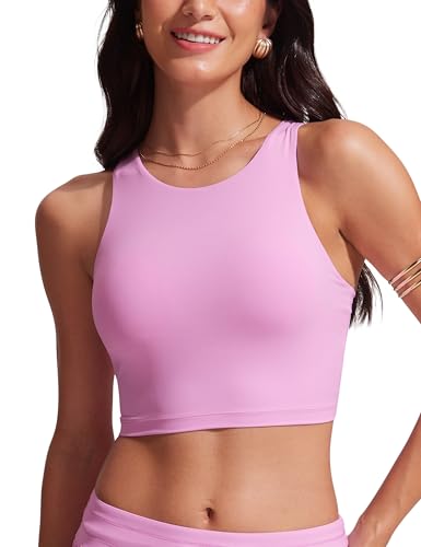 Image of CRZ YOGA Racerback Crop Bikini Tops | Built-in Pads, A-D Cup, High Neck, Swim, Bathing Suit Tank for Women